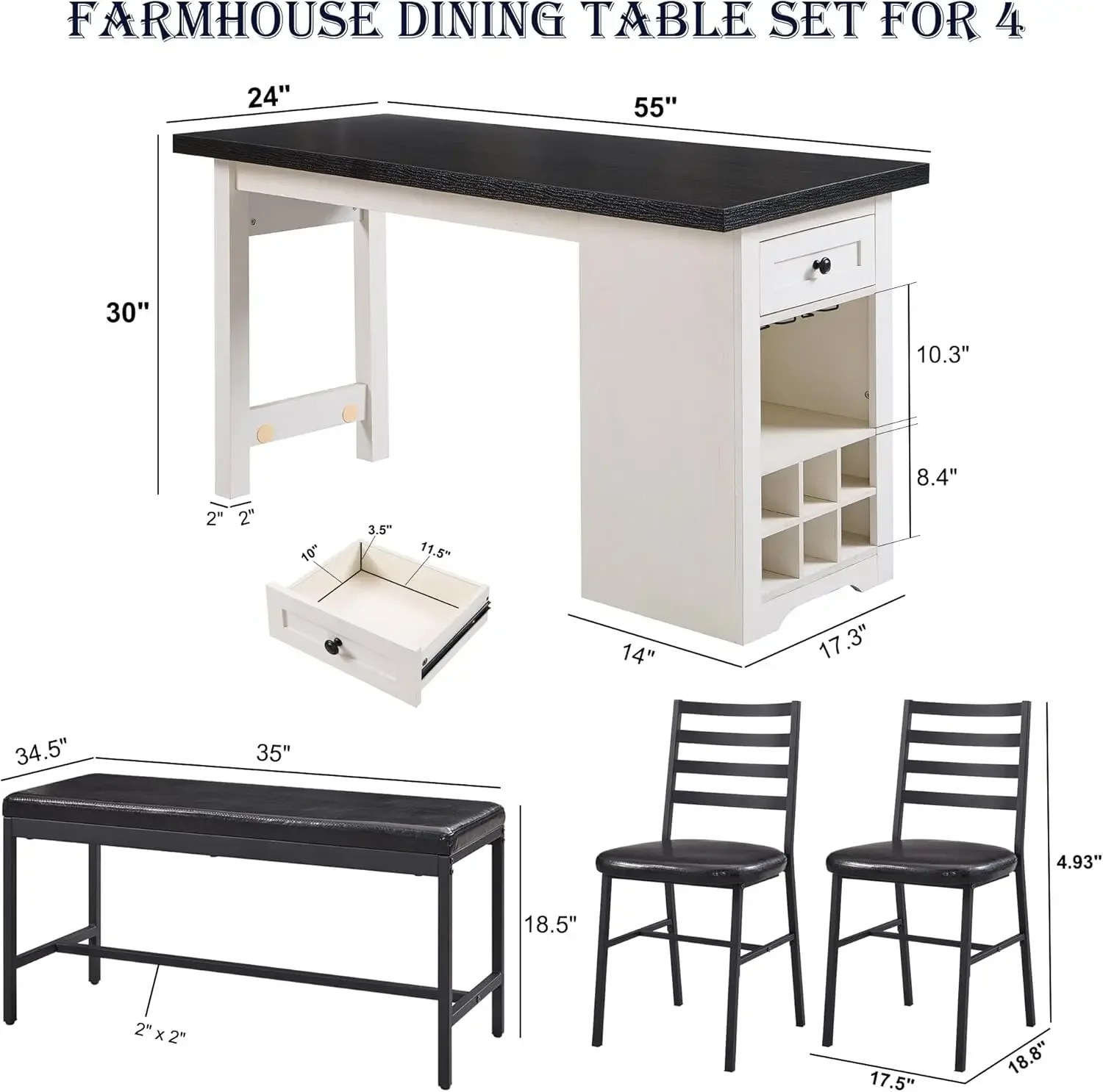 Dining Table Set for 4, 55" Large Kitchen Table Set with 2 Chairs & Bench, Rustic Wood Dining Bar Table w/ Drawer and Wine USA