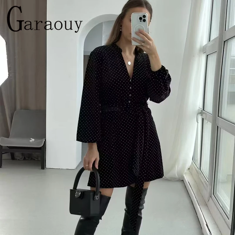 Garaouy 2024 Women\'s Velvet Belt Shirts Dress Party Clubwear V-neck Long Sleeve Slim Female Dresses Black Solid Mini Vestidos