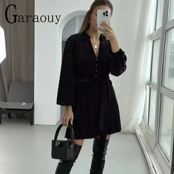 Garaouy 2024 Women's Velvet Belt Shirts Dress Party Clubwear V-neck Long Sleeve Slim Female Dresses Black Solid Mini Vestidos