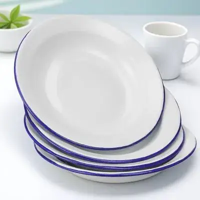 4pcs Enamel Plates Retro Style White Round Food Serving Dishes For Kitchen Hotel Picnic Fruits Storage Multi-Function Household