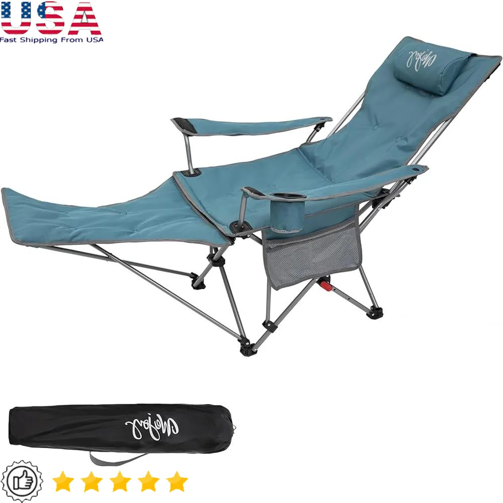

2-in-1 Lightweight Folding Camping Chair with Adjustable Backrest Footrest Portable Reclining Lounge Chair Durable Storage