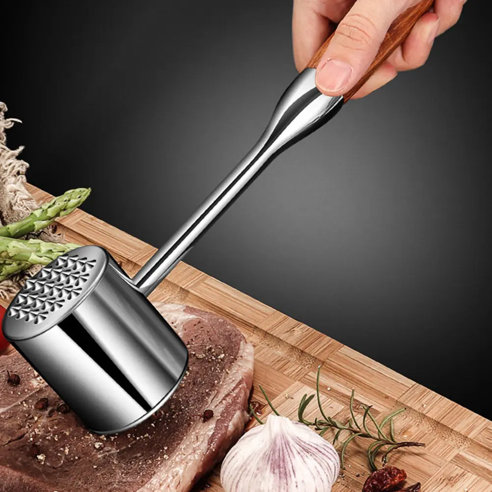

1Pcs Long Handle Stainless Meat Mallet Non-Slip Wooden Grip Double Sided Design for Tenderizing Steaks and Meats