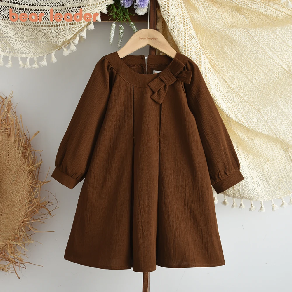 

Повседневные платья Bear Leader для девочек, корейская версия, детская одежда, осенняя мода 202, новое платье кофейного цвета с бантом и длинными рукавами