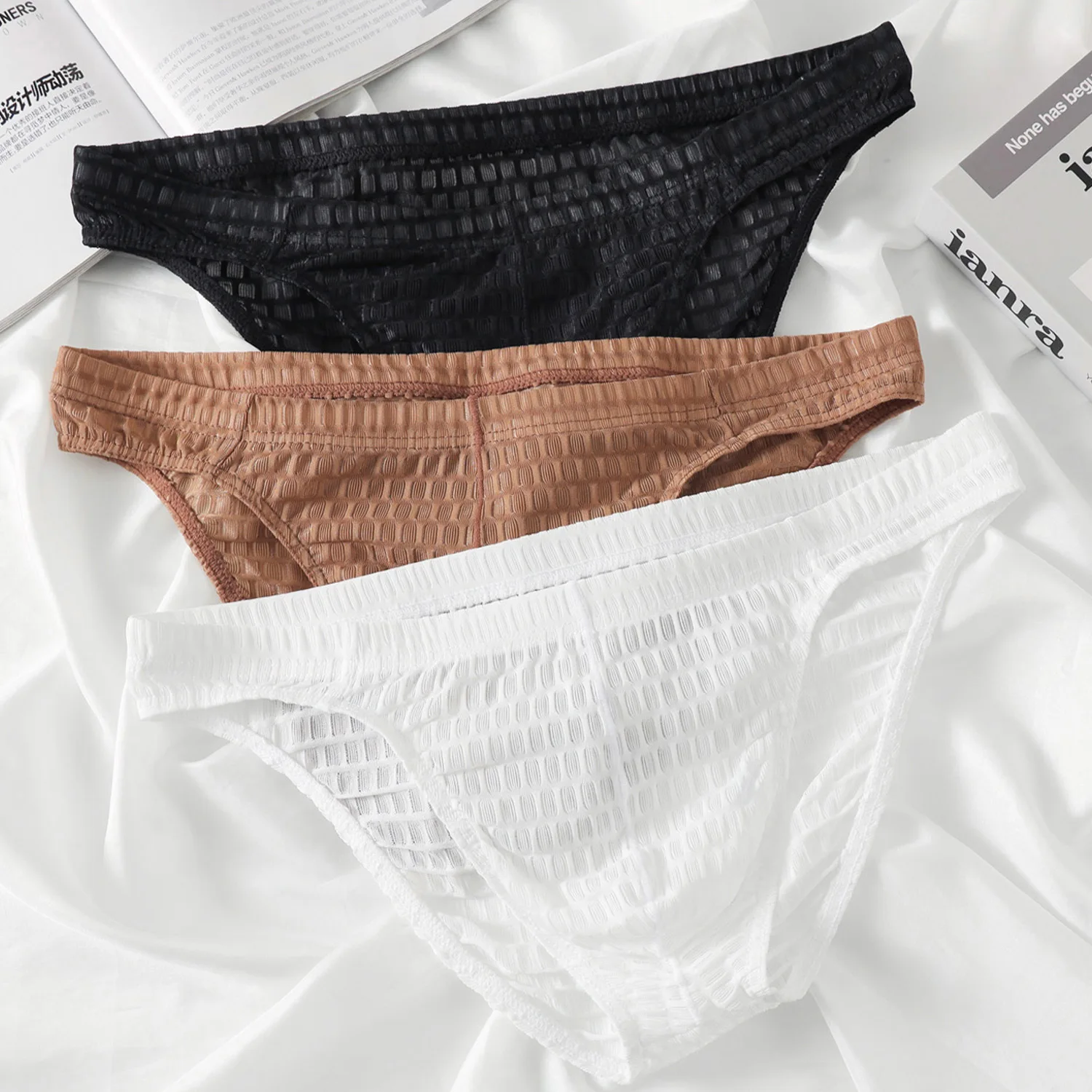 Men's Bulge Briefs Crocodile Pattern Mesh Comfortable Breathable Panties Youth Sexy Sheer See-through Low Rise Underwear