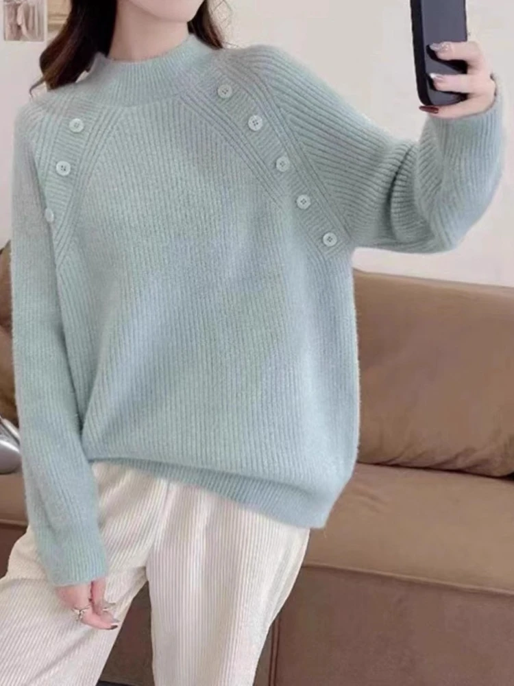 

Korobov Autumn Korean Solid All Match Loose O Neck Long Sleeve Buttons Patchwork Pullovers