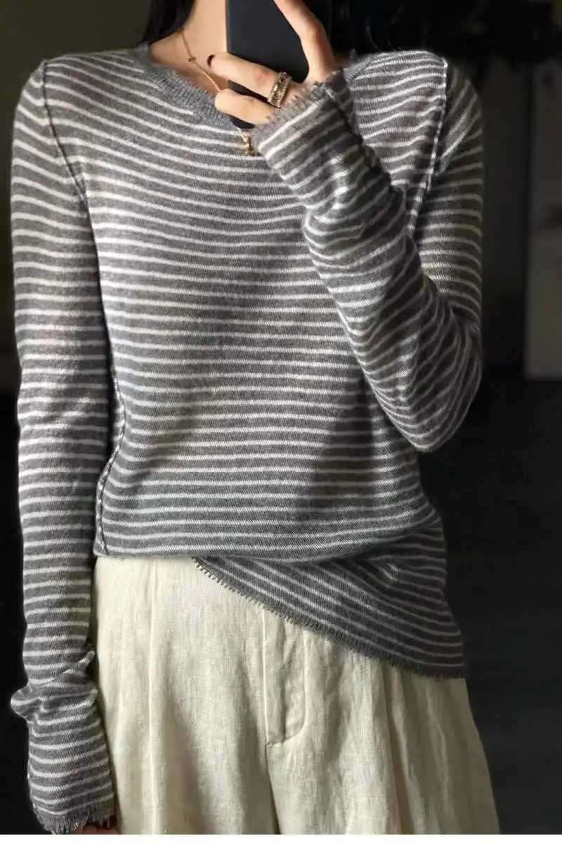 European goods 100% pure wool sweater female spring autumn thin crewneck striped sweater  knit cashmere sweater