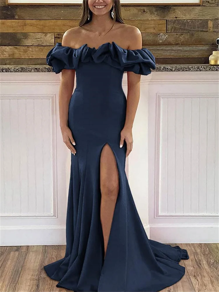 Hot Selling Off Shoulder Neckline Satin Column Evening Dress Elegant Back Zipper Floor Length Sweep Train Gown For Women 2024