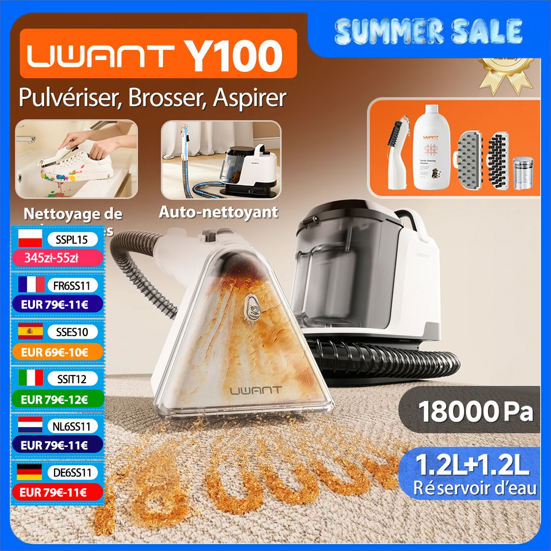 Uwant Y100 18KPa nettoyeur de tapis brosse de pulvérisation aspiration Portable Machine de nettoyage pour canapé voiture chaussure poils d'animaux élimination des odeurs autonettoyant