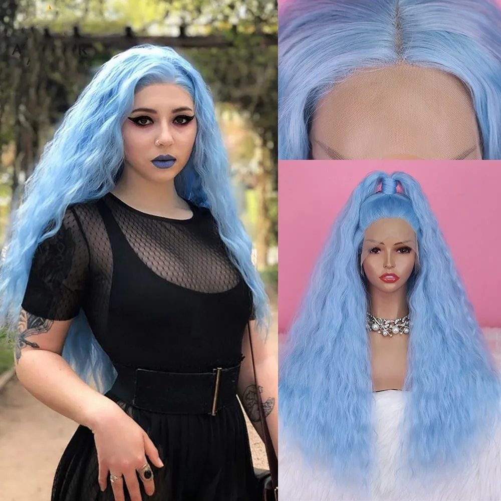 

Deep Wave Blue Wig Glueless Synthetic 13x4 Lace Front Wig High Temperature Drag Queen Cosplay Wigs For Black Women 180 Density