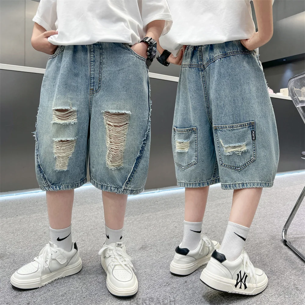 High Fashion Street Style Korean Children Boy Trend Broken Ripped Denim Short with Holes Kids New Summer Destroyed Capri Jeans