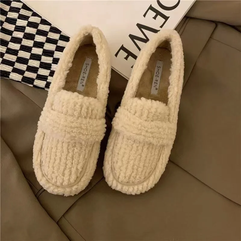 2022 Luxury Lambswool Cotton Shoes Women Loafers Winter Warm Fur Plush Casual Flats Slip on Autumn Mocasines Mujer