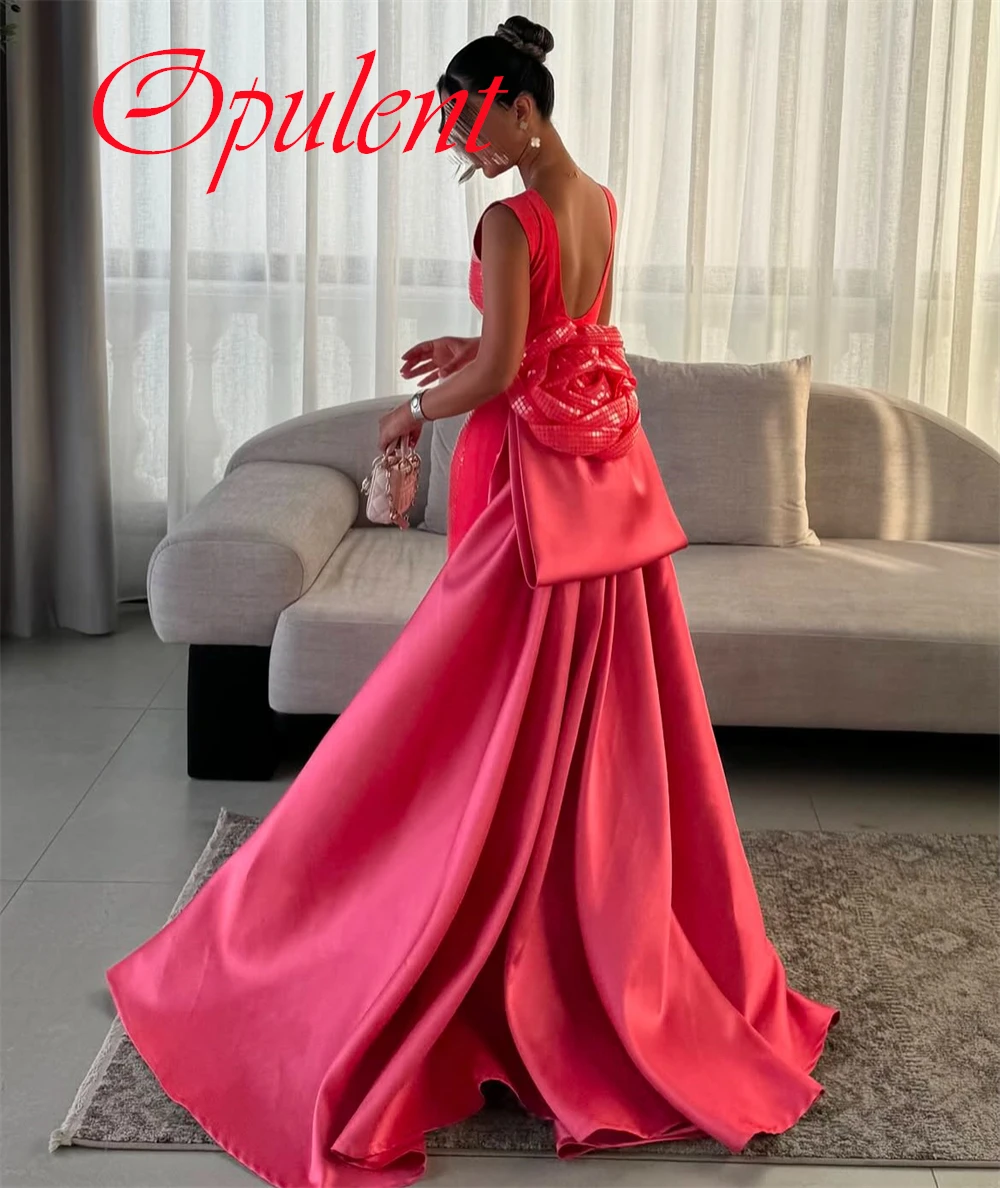 

Customized Exquisite pink Satin Evening Dress Temperament Crew Neck Short Sleeves Homecoming Dress Sexy Backless Cocktail Dress