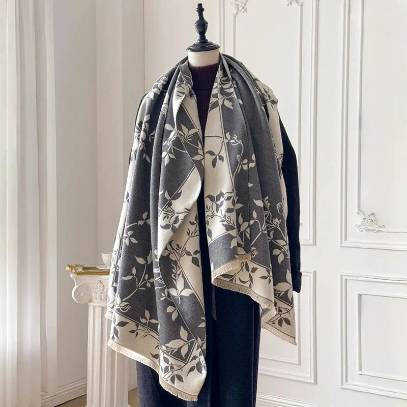 

2025 зимний новый роскошный двусторонний шарф из искусственного кашемира, женский уличный теплый толстый платок с цветочным принтом, мягкий шейный платок-глушитель