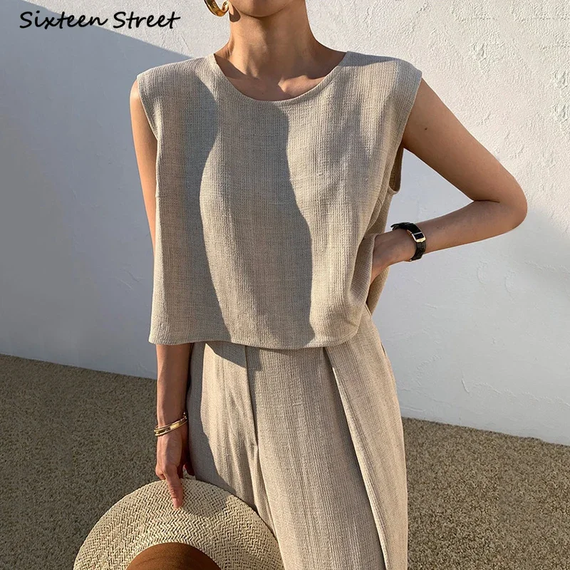 女性のためのシックなコーキノースリーブトップスとハイウエストのパンツとパンツのセット,韓国の2ピースセット,オフィス,春,夏