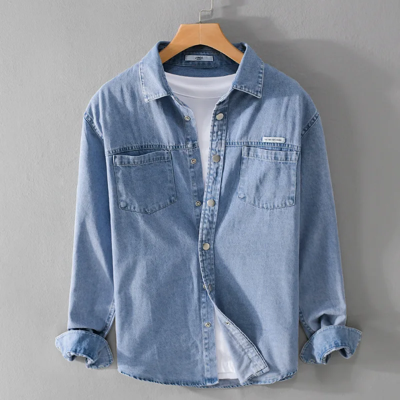 Vintage Blue Denim Shirt Men Daily Casual New Long Sleeve Jean Shirts Cotton Pockets Button Up Shirt Men Simple Fashion Shirts