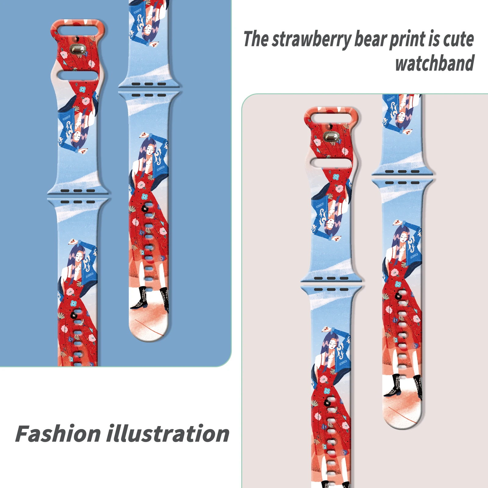 

Replaceable Bracelet Watchband for iWatch 42mm 38mm Fashion illustration for Apple Watch 10 9 8 7 Silicone Strap