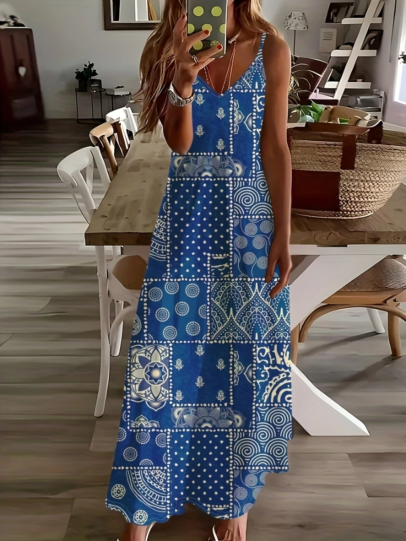 Lässiges Blau-Weißes Patchwork-Kleid mit V-Ausschnitt und Langen Ärmeln, Sommerkleid für Damen, Modisches A-Linien Midikleid
