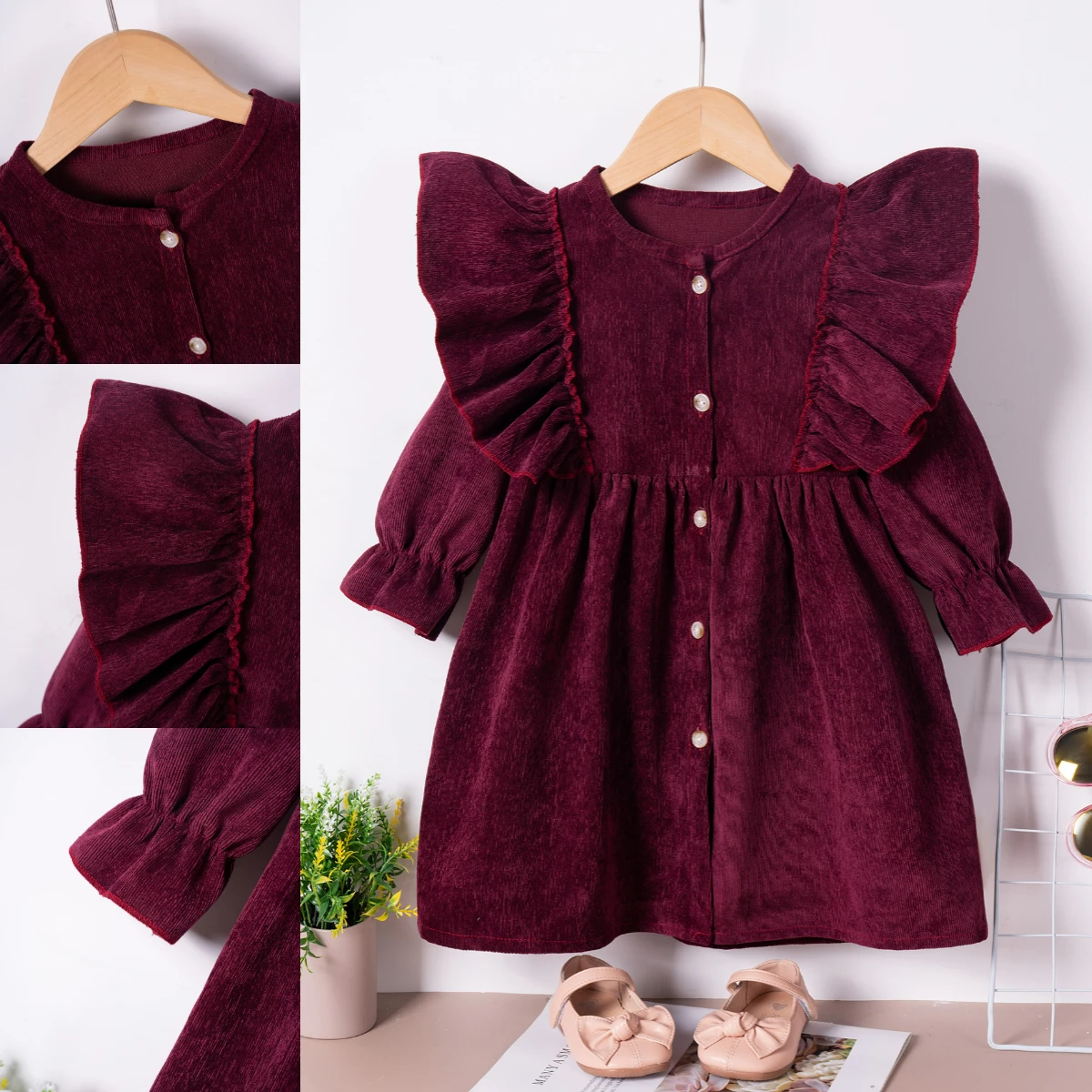 Wholesale Autumn And Winter Baby Girl Dresses Cute Ruffled Edge Long Sleeved Round Neck Solid Color Dresses For Girls\' Clothing