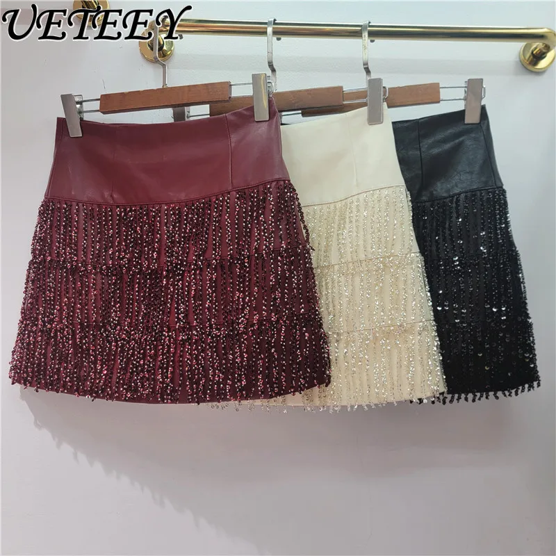 Street 2024 Autumn New Fashion Sequins Slim Thin A-shaped PU Leather Short Skirt Women High Waist Hip Wrap Mini Skirt Nightclub