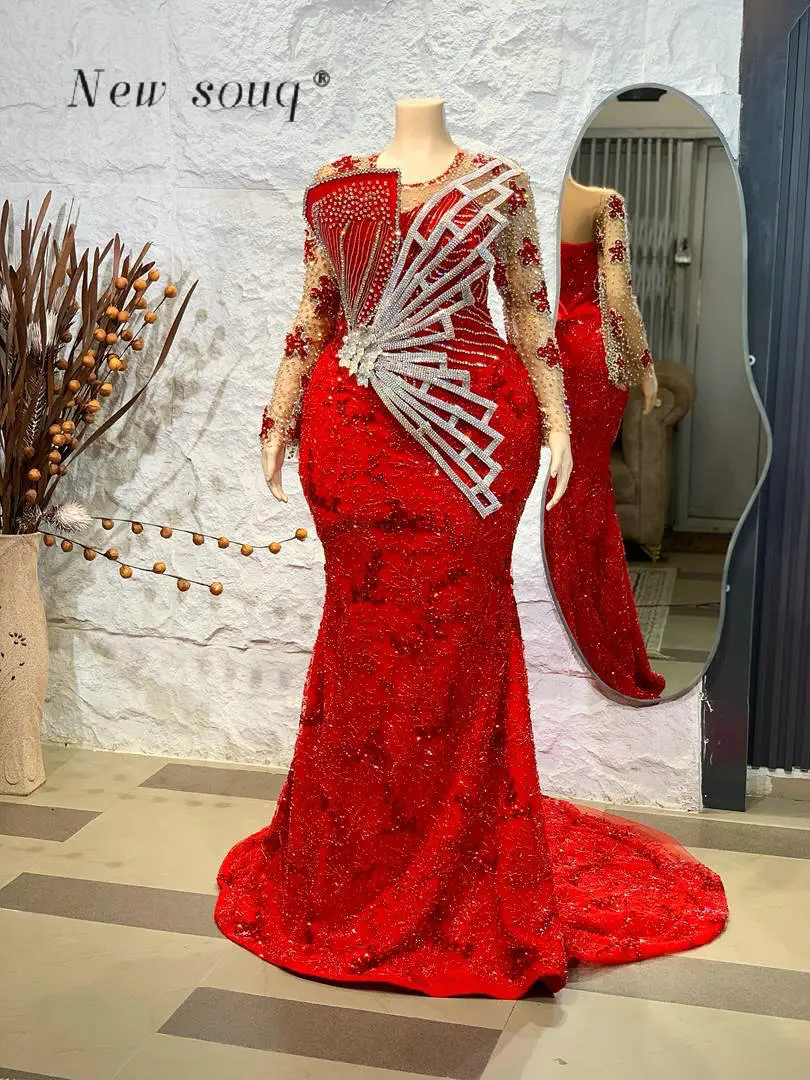 

Striking Red Long Sleeves Mermaid Prom Dresses Plus Size Sparkly Crystals Beaded Birthday Party Gowns for Women Customized