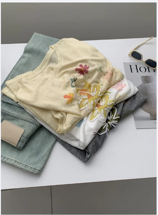 Fashion Printed Lazy Style Off Shoulder T-shirt Slightly Transparent Round Neck Design Long Sleeved Base Top 2026 New
