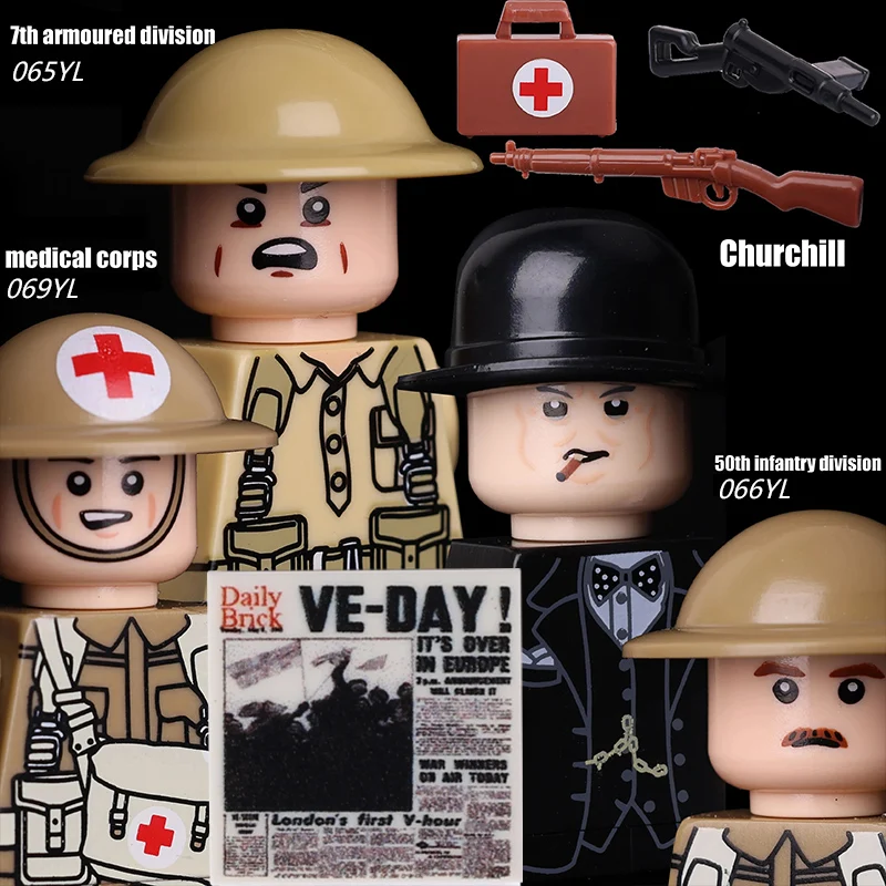 MOC WW2 Military British Soldiers Figures Medical Box Army Gunner Infantry Weapons Helmets Guns Medic Bricks Toys Gift