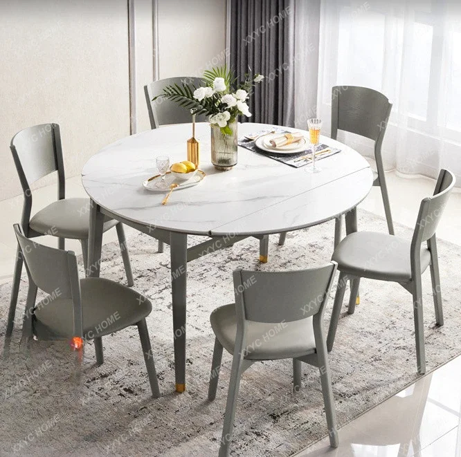 

Entry Lux Style Stone Plate Dining Table Retractable Household Eating round Table and Chair Combination