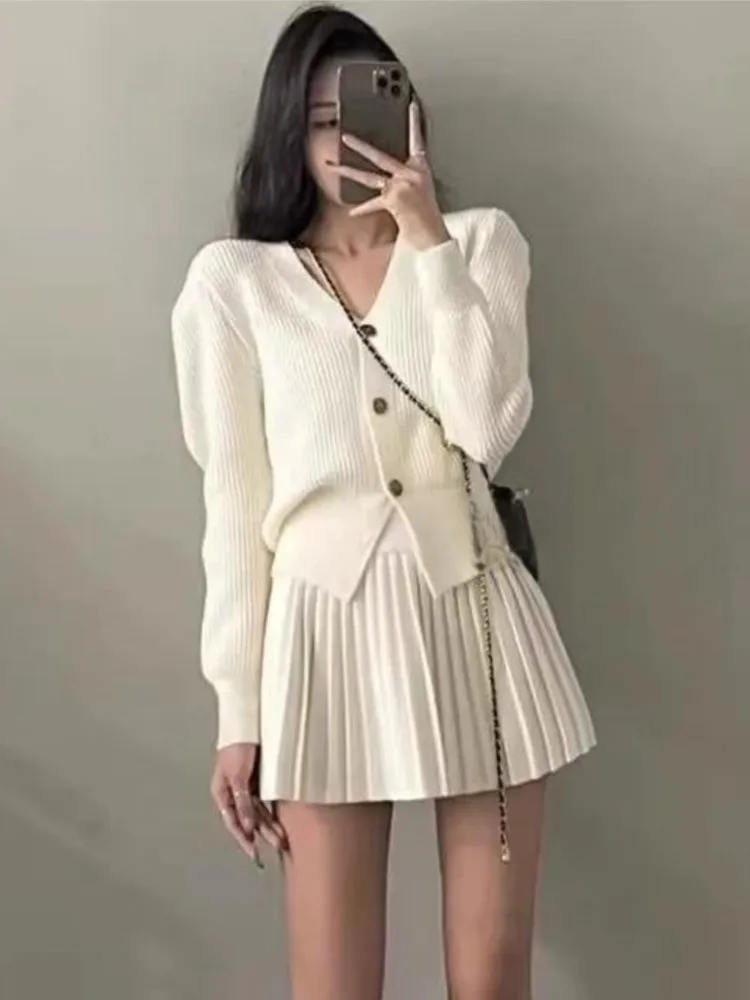 Casual Knitted 2 Piece Set Single Breasted V-neck Top + High Waist Mini Pleated Skirt Autumn Spring Korean Fashion Solid Outfits