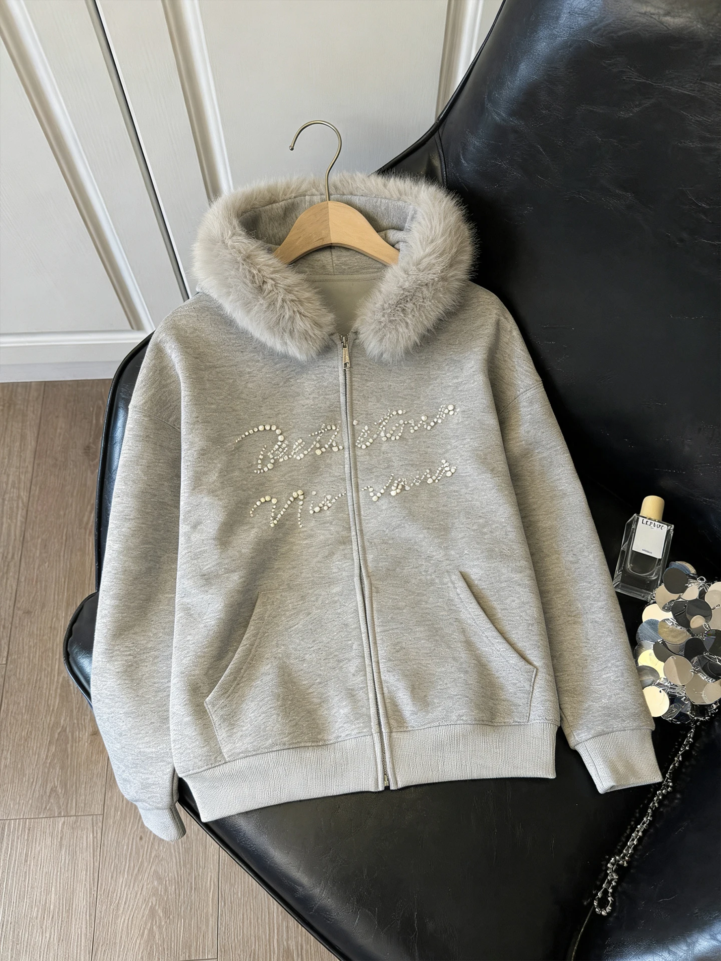 

American Heavy-Du Bead Fur-Lined Hoodie Jaet Loose Open Cardigan Top for Men Spring Faion Trend Casual Comfortable Swea...