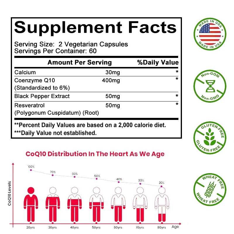 Coenzyme Q10 Supplement Capsules, 400 Mg, Highly Absorbable, Potent Antioxidant, Supports Heart and Energy Production