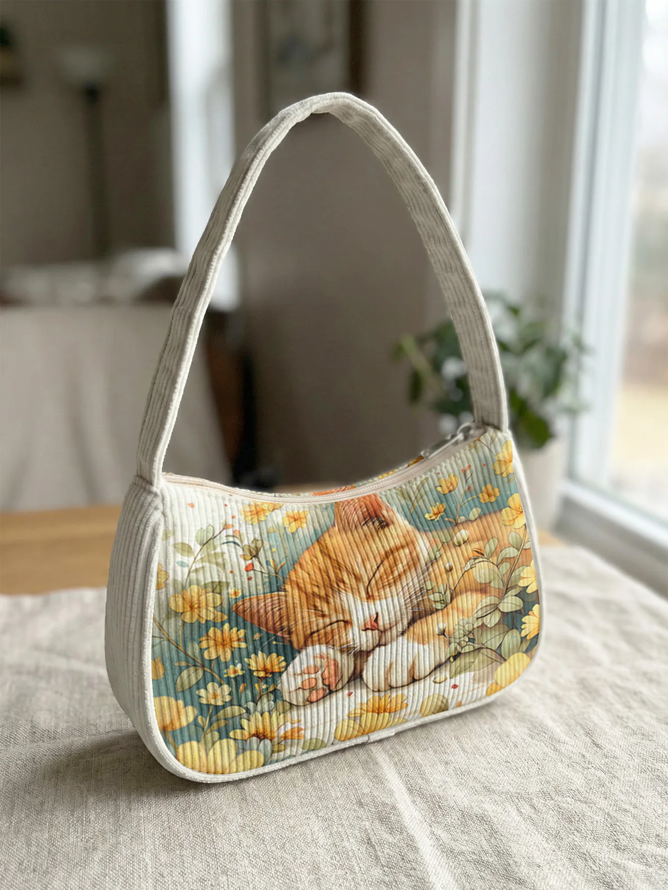 

Trendy Cozy Sleeping Orange Cat & Floral Print Shoulder Bag, Corduroy Underarm Bag