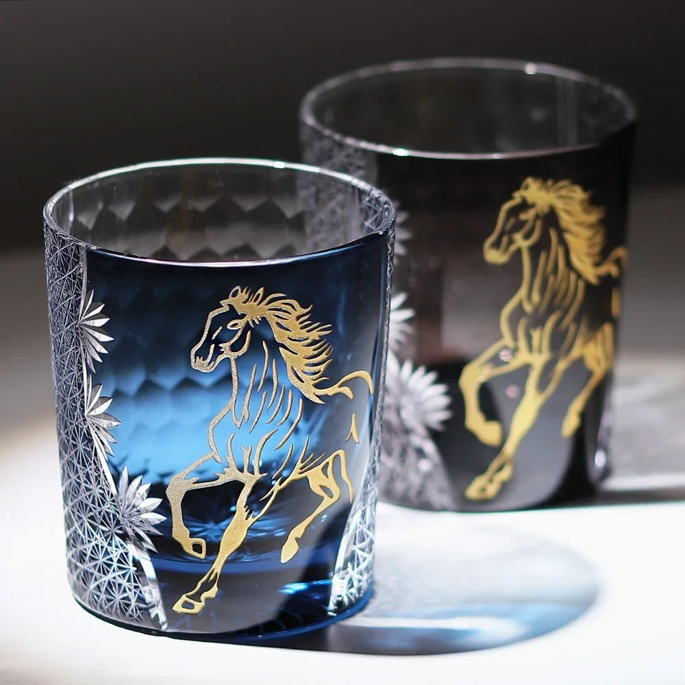 Hand-Carved Year of the Golden Horse-Edo Kiriko Art Glass Whiskey Tumbler-Rare Japanese Craftsmanship & Investment piece