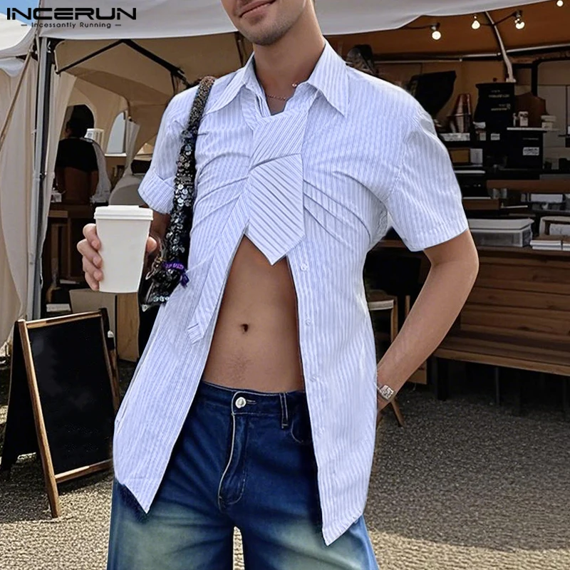 INCERUN hommes chemise rayée revers manches courtes cravate décontracté hommes vêtements chemises d'été Streetwear 2025 mode mâle hauts S-5XL