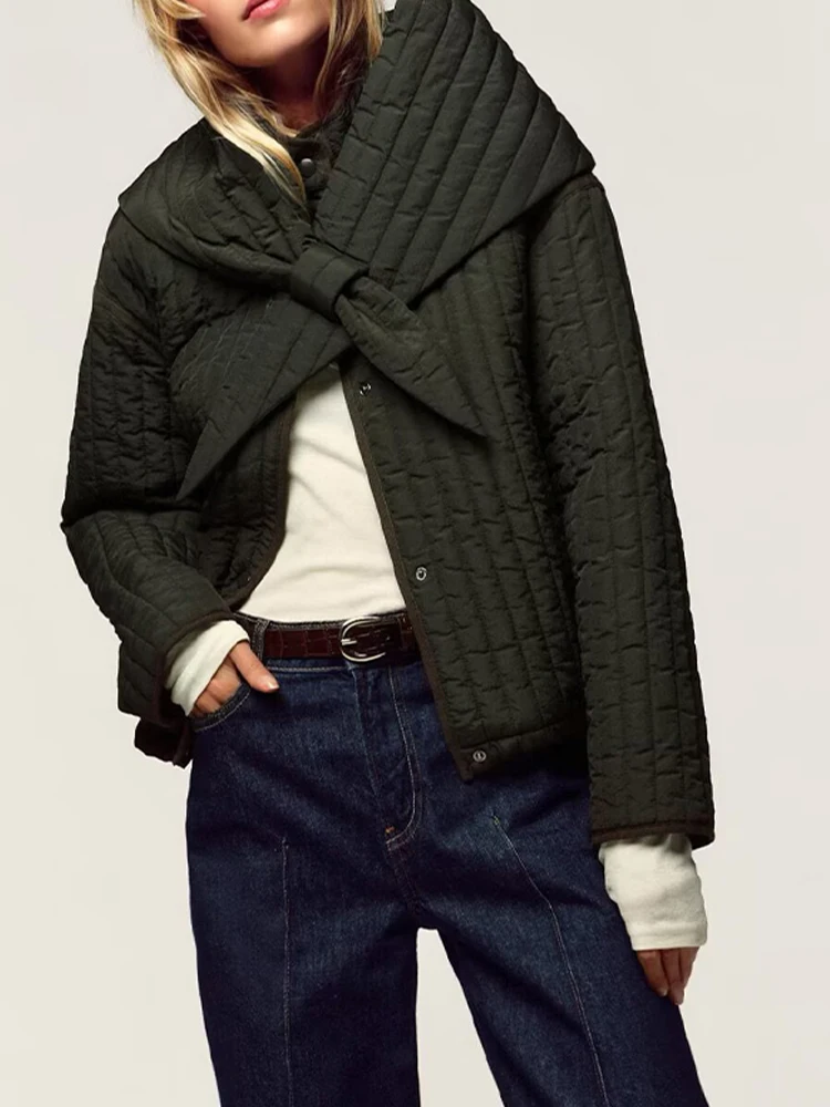 

2025 Новая женская одежда в европейском и американском стиле, модная стеганая куртка со съемным шарфом и воротником-стойкой