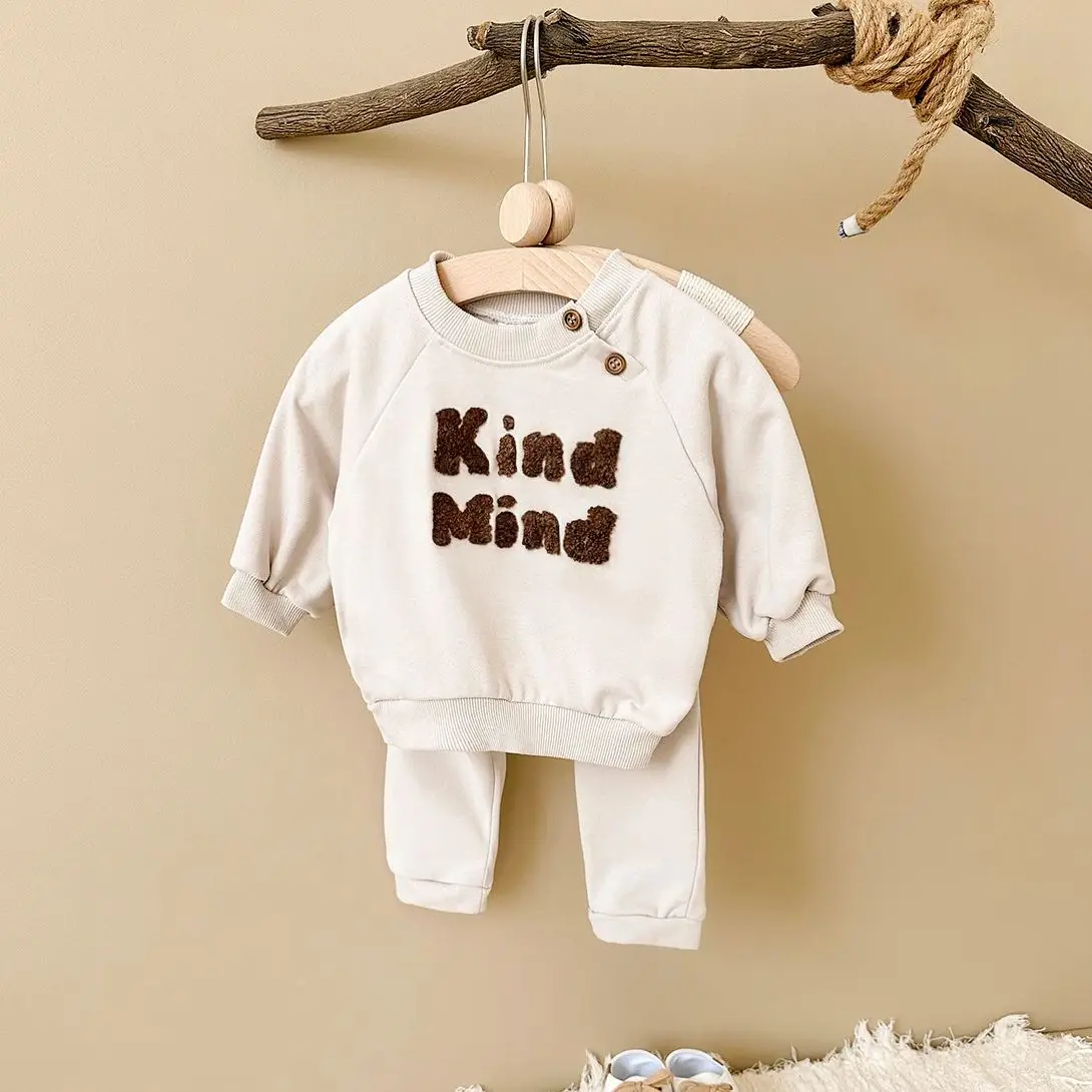 2024 New Baby Clothes Set Boys Letter Embroidery Girls Kids Neck Button Outfit Hoodies Long Sleeved Top+Pants Spring Autumn 2PCS