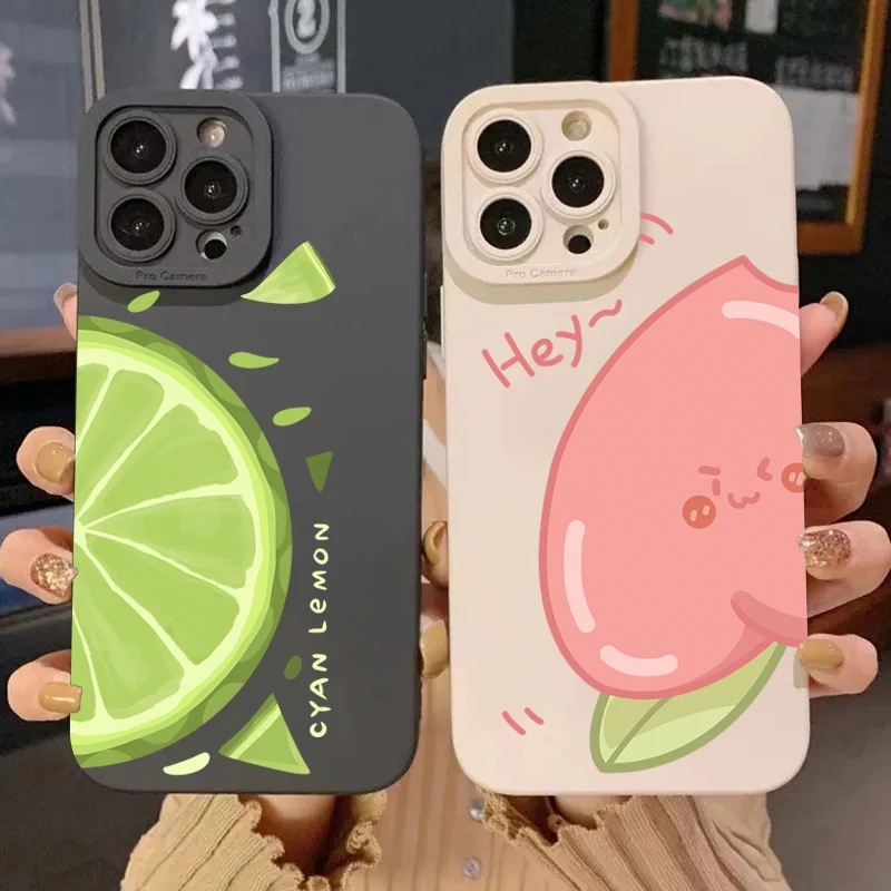 Ins Summer Fruit Lemon Strawberry Peach Side Silicone Phone Case For iPhone 16 15 14 13 12 11 Pro Max X XS XR 7 Plus Soft Cover