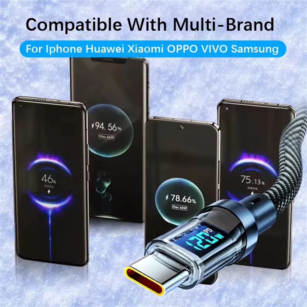 Cavo di ricarica super veloce per telefono da USB a tipo C da 120 W con cavo dati per display a LED per Xiaomi Redmi Samsung Huawei Honor 1M 2M