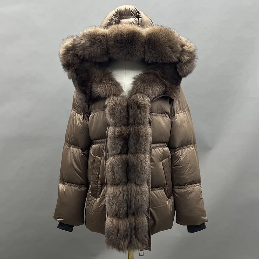 JANEFUR 2025 Winter White Goose Down Jacket Real Fur Hooded Puffer Jacket Women Thicken Warm Mid Long JFB8-25010