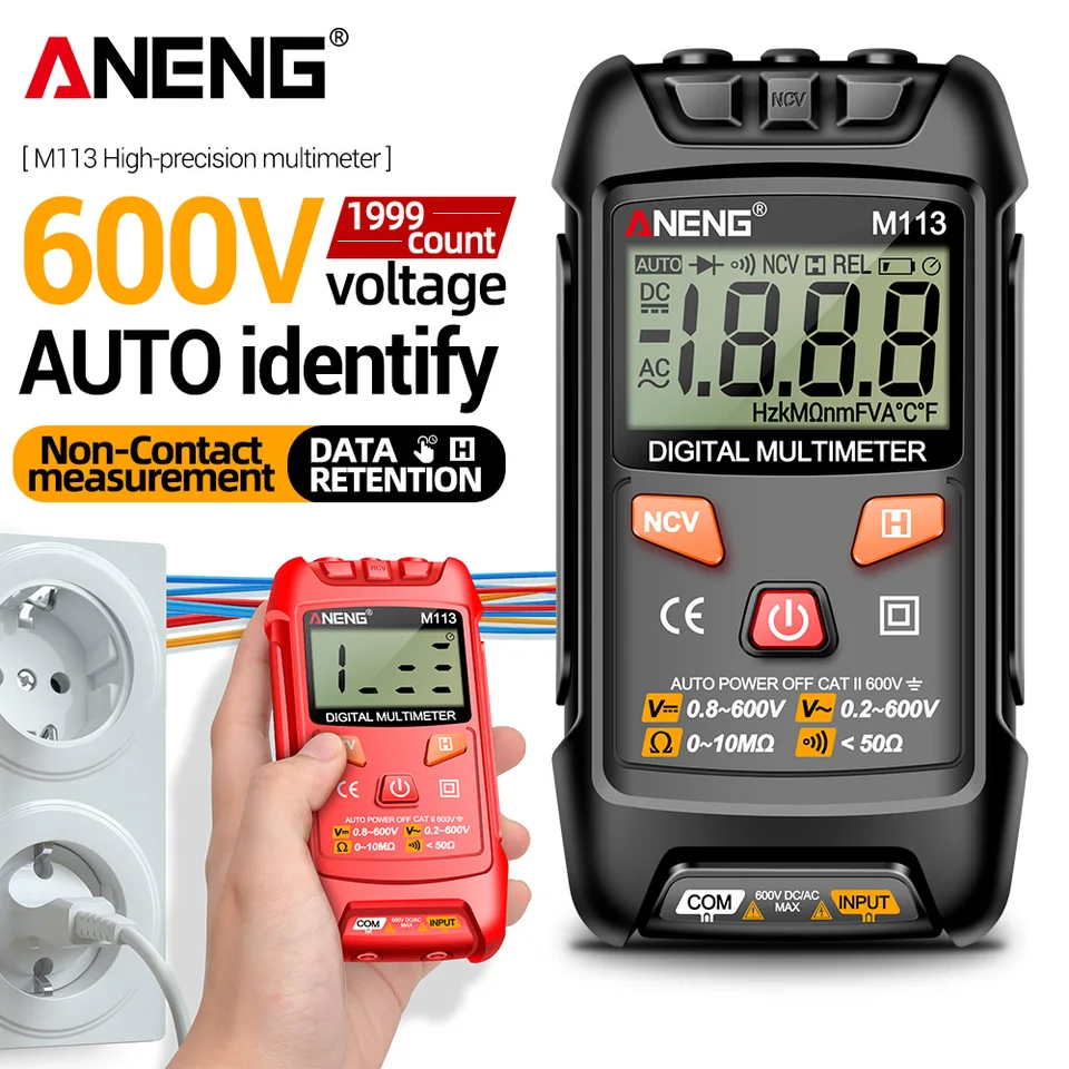 Multímetro inteligente ANENG M113, 1999 cuentas, medidor de voltaje AC/DC, resistencia, detección sin contacto, instrumento de medición mini