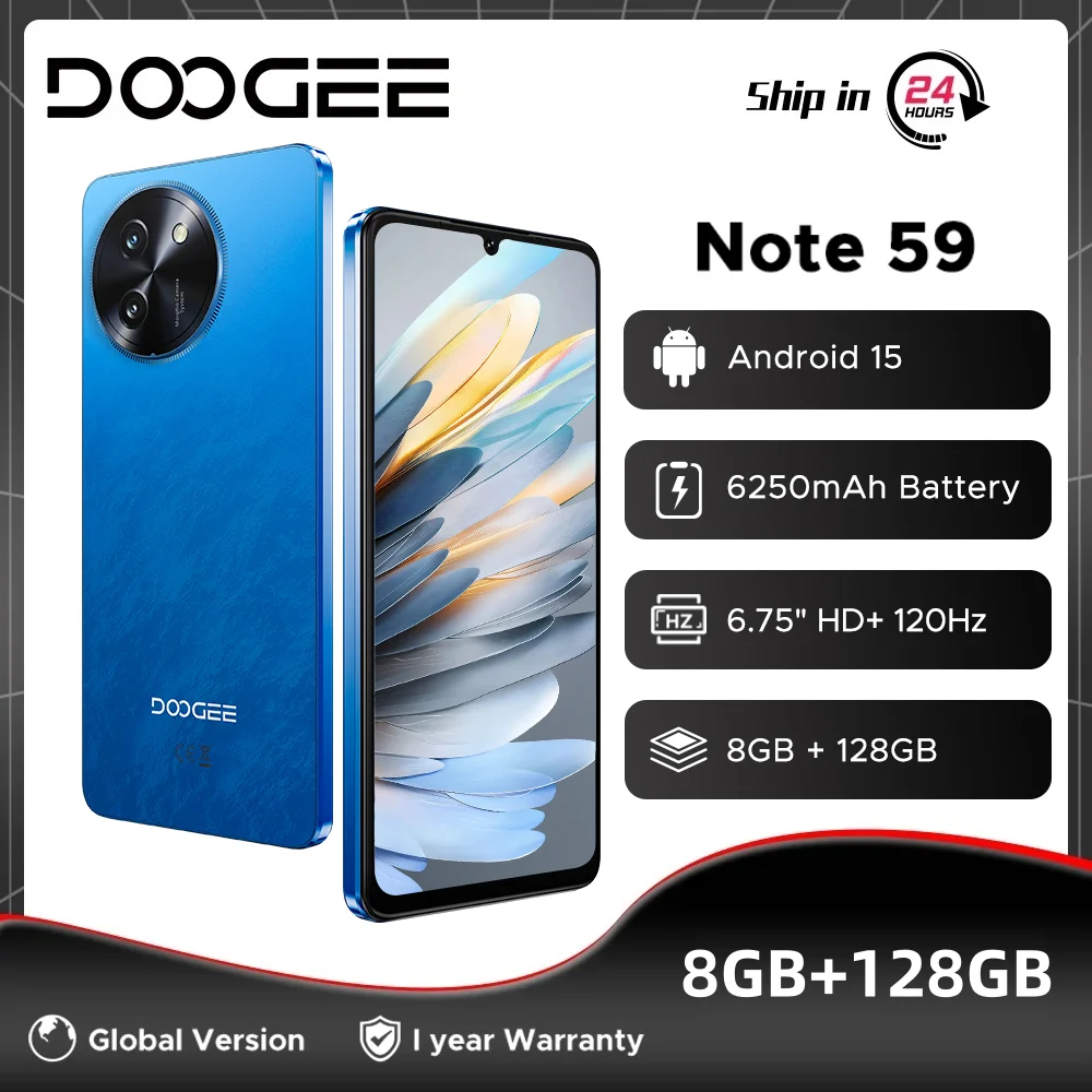 Global Version DOOGEE Note 59 5G Smartphone 8GB 128GB 6250mAh Large Battery 6.75