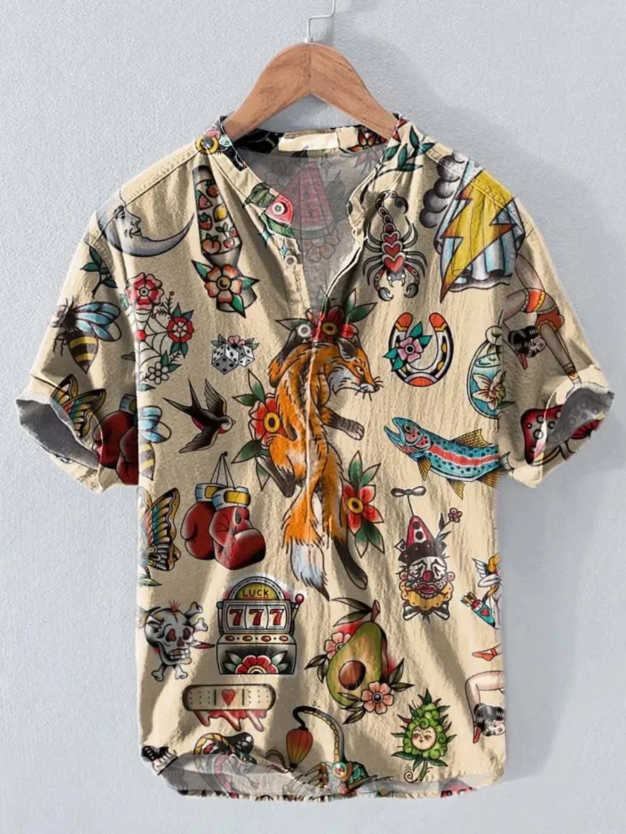 Men's Retro Artistic Short Sleeved Shirt, Contrasting Color Geometric Cat 3D Print Casual Shirt