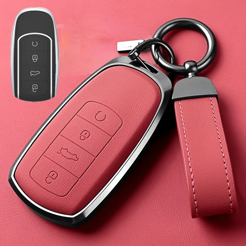 

Car Key Protection Cover Volcanic Red Aluminum Alloy + Leather Simple Style Handmade Car Remote Key Case Cover for Exeed RX 2023