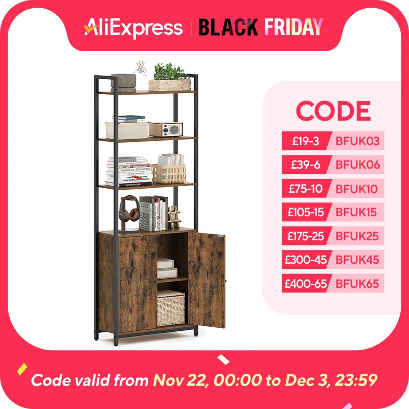 VASAGLE 6-Tier Bookcase, Tall Bookshelf with Door, Metal Frame, Adjustable Shelves, 24 x 60 x 159.5 cm