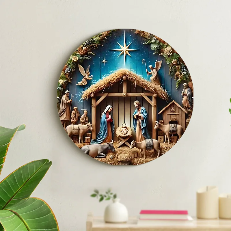 2D Nativity Scene Wooden Religious Jesus Born Wreath Sign Plate for Easter DIY Church Front Door Wall Hanging Decorations 20cm