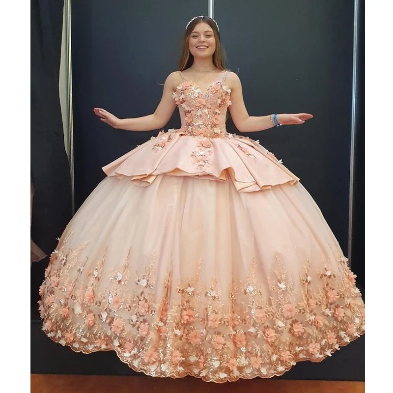 فستان Quinceanera مخصص لأحمر الخدود 2023 ثوب حفلة سباغيتي منتفخ مزين بالزهور الحلوة 16 15 فستان فيستدوس دي فييستا YQD243