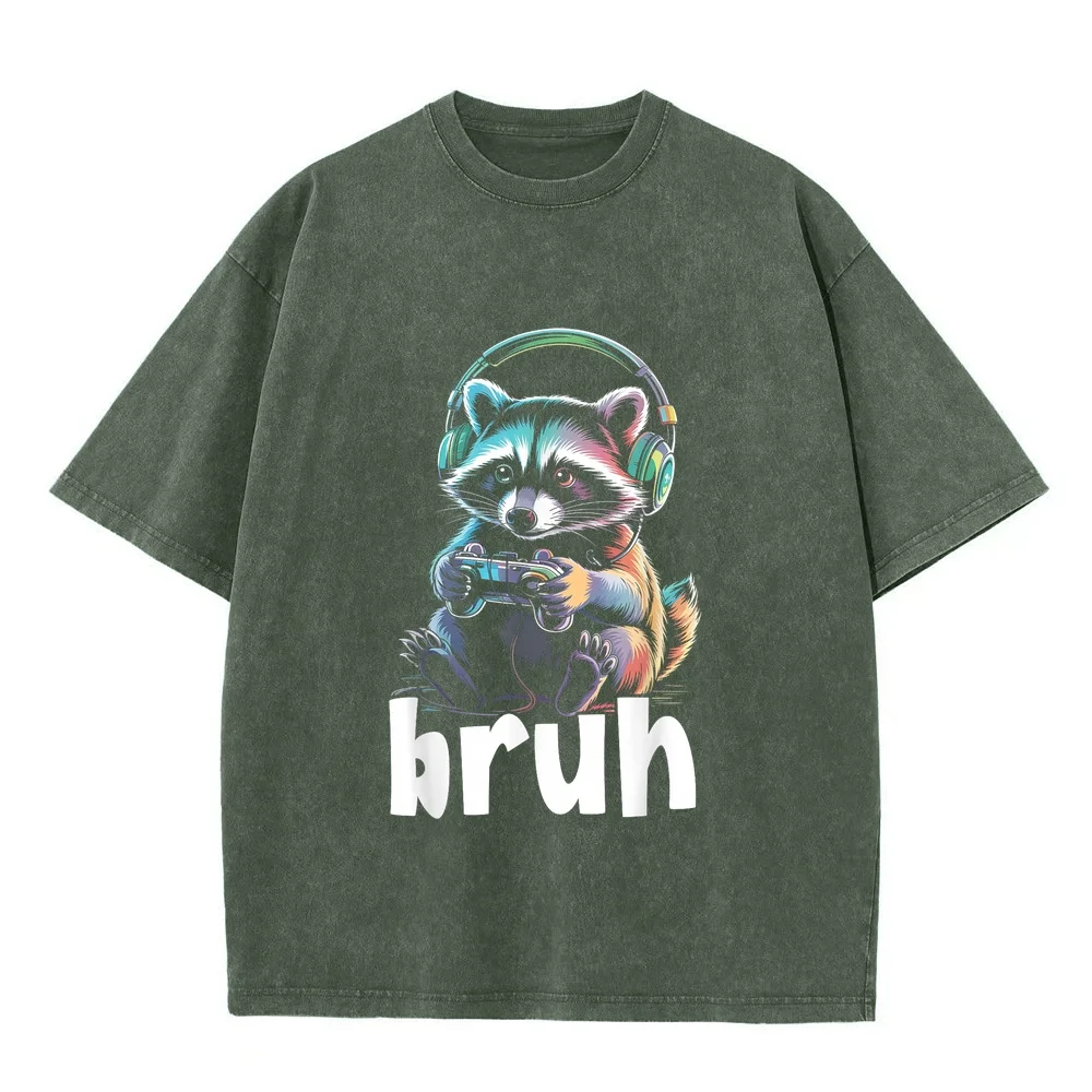 Bruh Video Games Boys Gamer Raccoon T-Shirt Футболки Y2k Camiseta Graphic Print Plus Size Layering 100 Cotton Tee Casual T