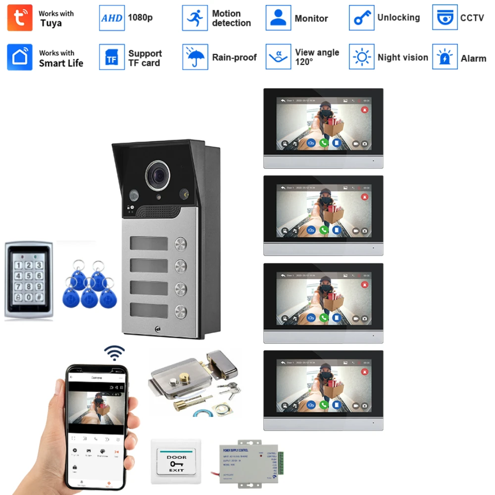 2/3/4F TUYA Wired Wifi Video Doorbell 1080P 7 Inch Color Touch Screen Smart APP Home Intercom Kit for Access Control System