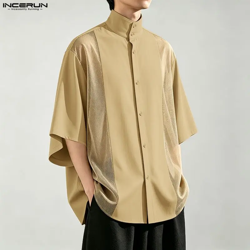 INCERUN Men's Shirt Mesh Patchwork Stand Collar Half Sleeve Men Clothes Loose Tops Streetwear 2026 See Through Shirts For Man
