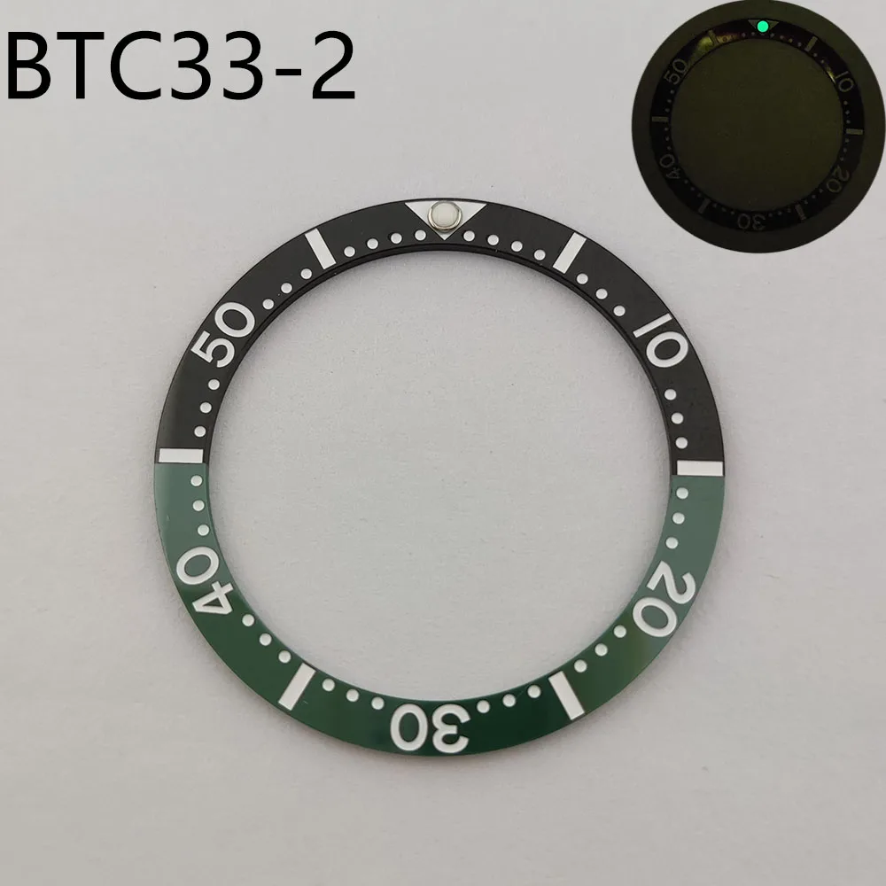 Accessoires de lunette de montre en céramique, insert de lunette lumineux bleu vert, adapté au boîtier de montre de 33.7mm, diamètre intérieur de 33.7mm