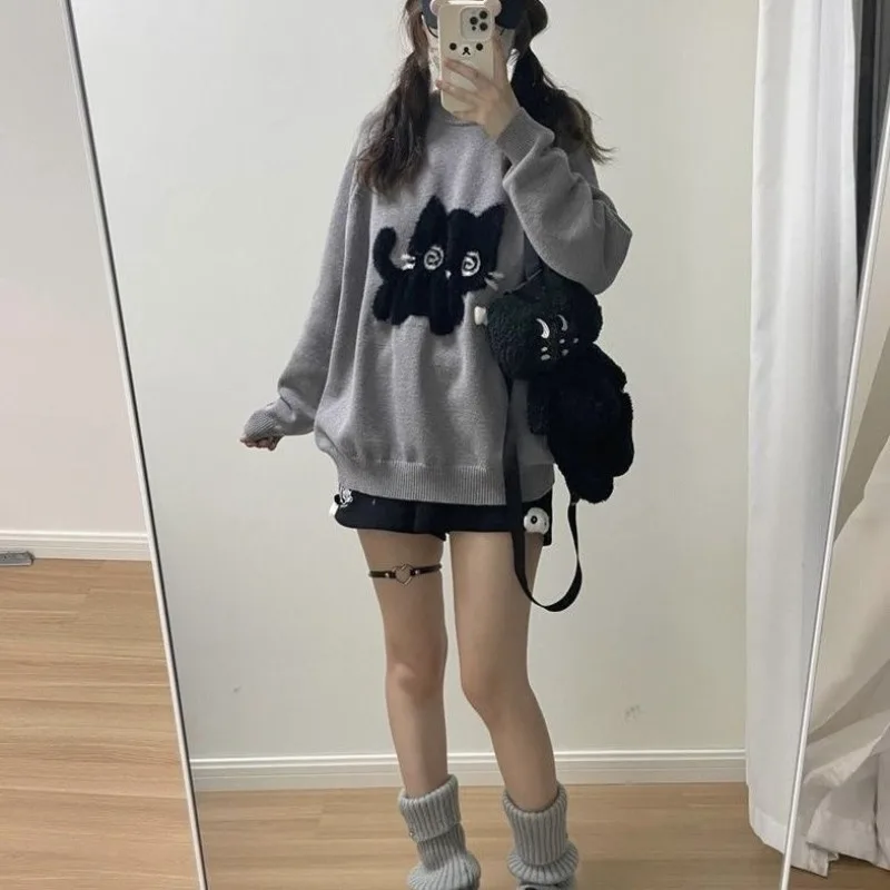 Deeptown grau süße Frauen Pullover Katze Stickerei Harajuku japanische Mode gestrickte Pullover Langarm lose Herbst jugendlich